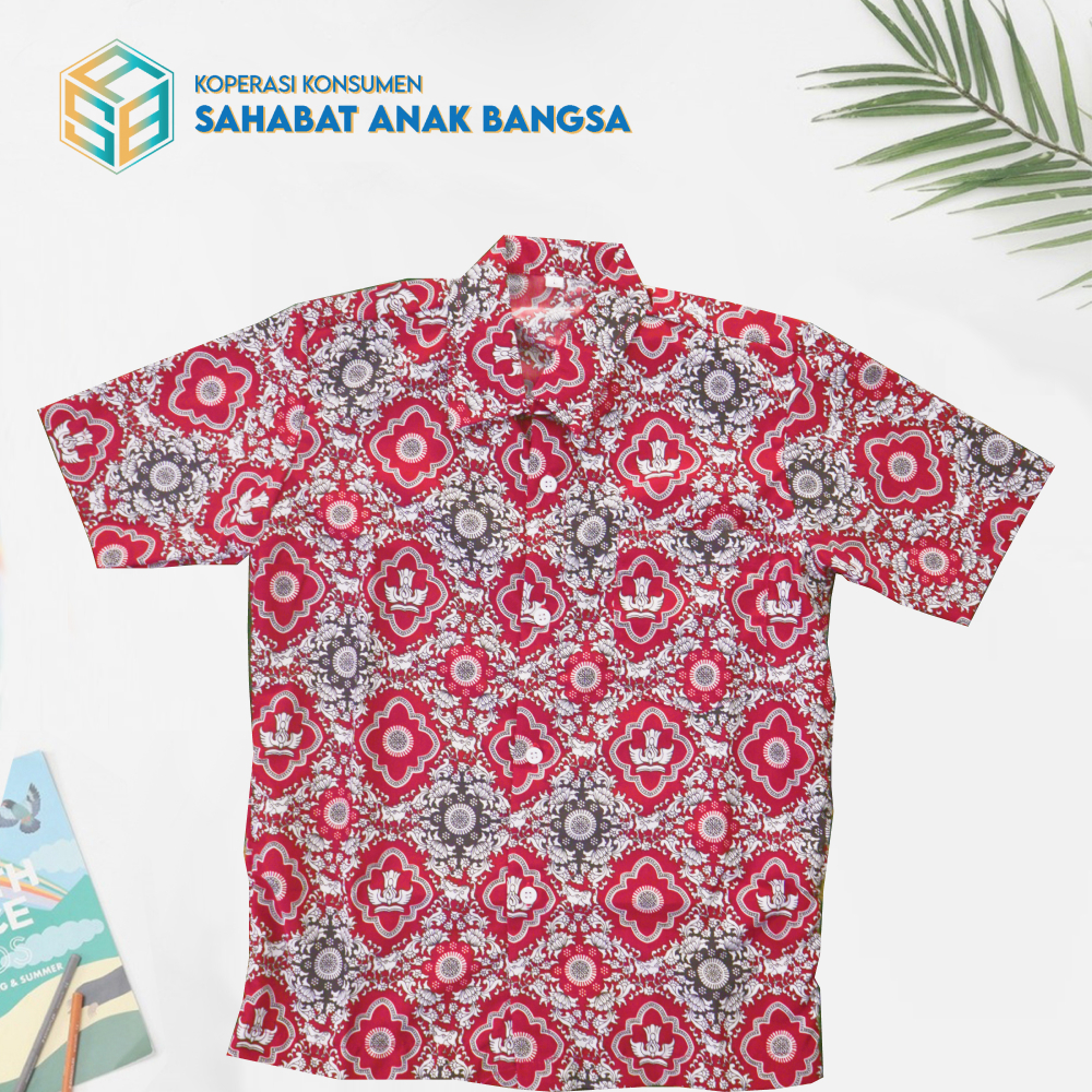 Seragam Batik Sekolah SD Motif Tunas Harapan Warna Merah Lengan Pendek