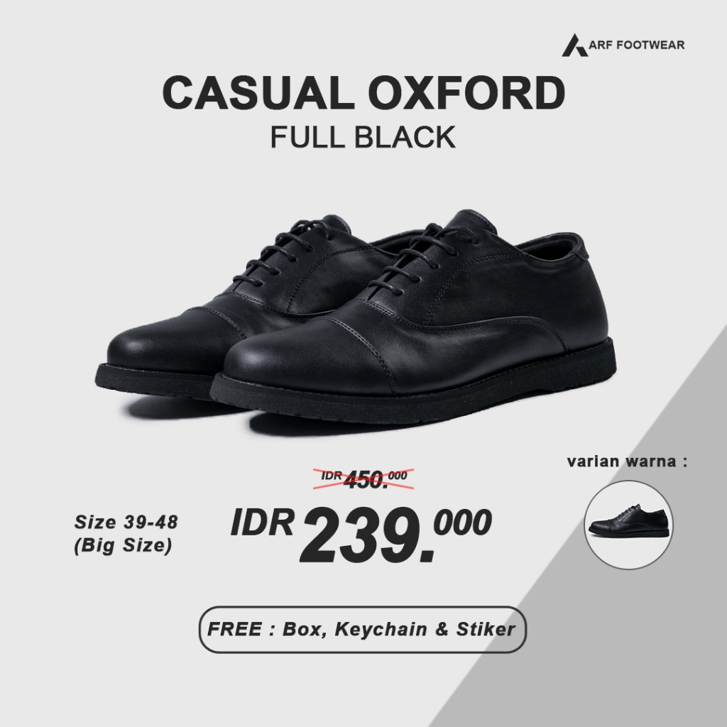 ARF Casual Oxford FullBlack Sepatu Formal Kulit Pantofel Hitam Pria Wanita Kerja Kantor