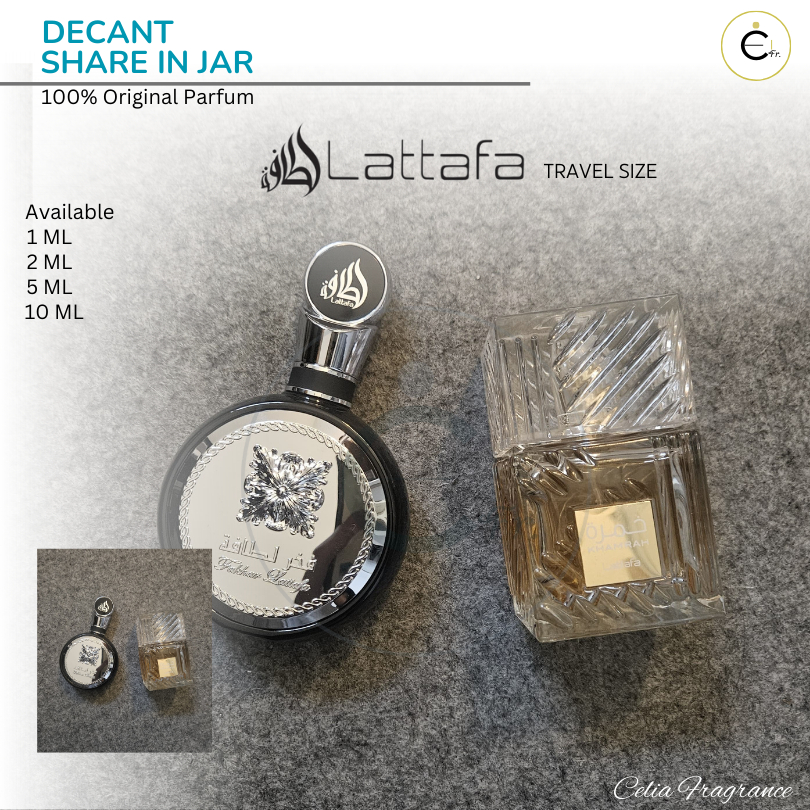 BUY 2 FREE 1  LATTAFA Decant (Share in Jar) – Travel Size LATTAFA KHAMRAH LATTAFA FAKHAR Share in Bo