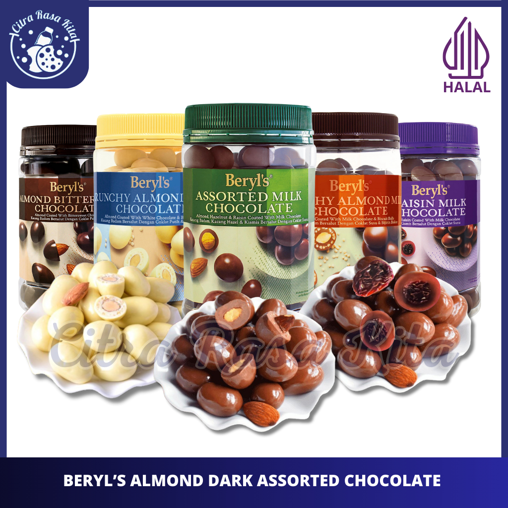 

Halal Beryl's Crunchy Assorted Almond Green Tea Milk White Chocolate Kemasan Jar 380gr & 450gr