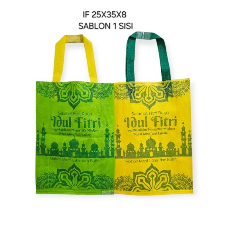 

(LUSINAN 12 PCS) Goodie bag LEBARAN 25x35x8 edisi 2025 sablon 1 sisi tas lebaran idul Fitri