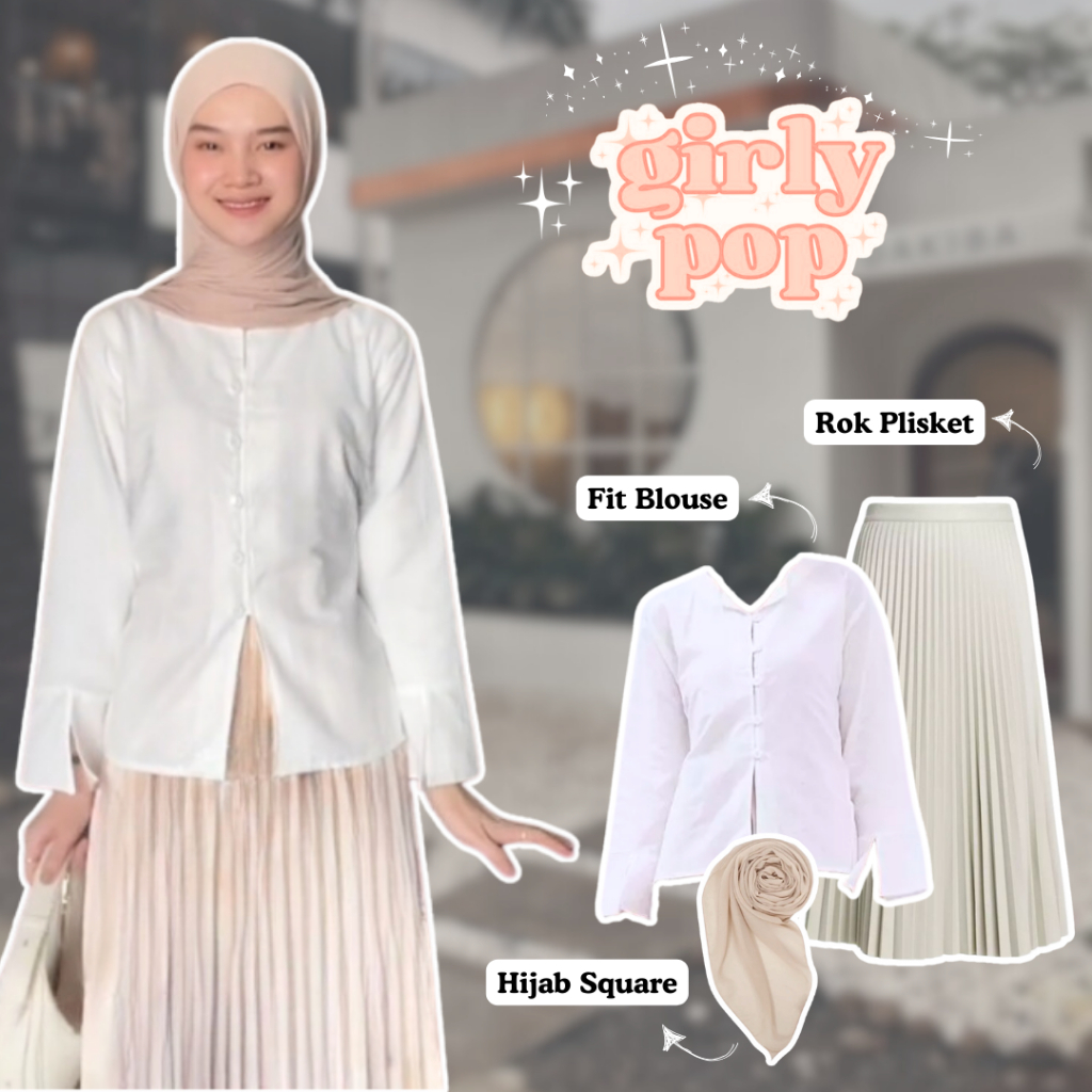 Setelan Rok Wanita Kekinian Kemeja Linen,rok Plisket , Jilbab Segi Empat Ootd Hijab Casual - MF1M