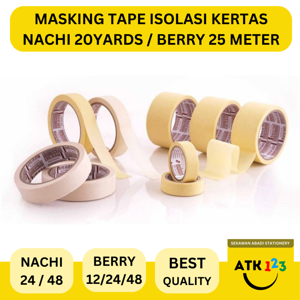 

Masking Tape Isolasi Kertas merk Nachi / Berry Tape ukuran 12 / 24 / 48 mm Panjang 20 yds / 25 m