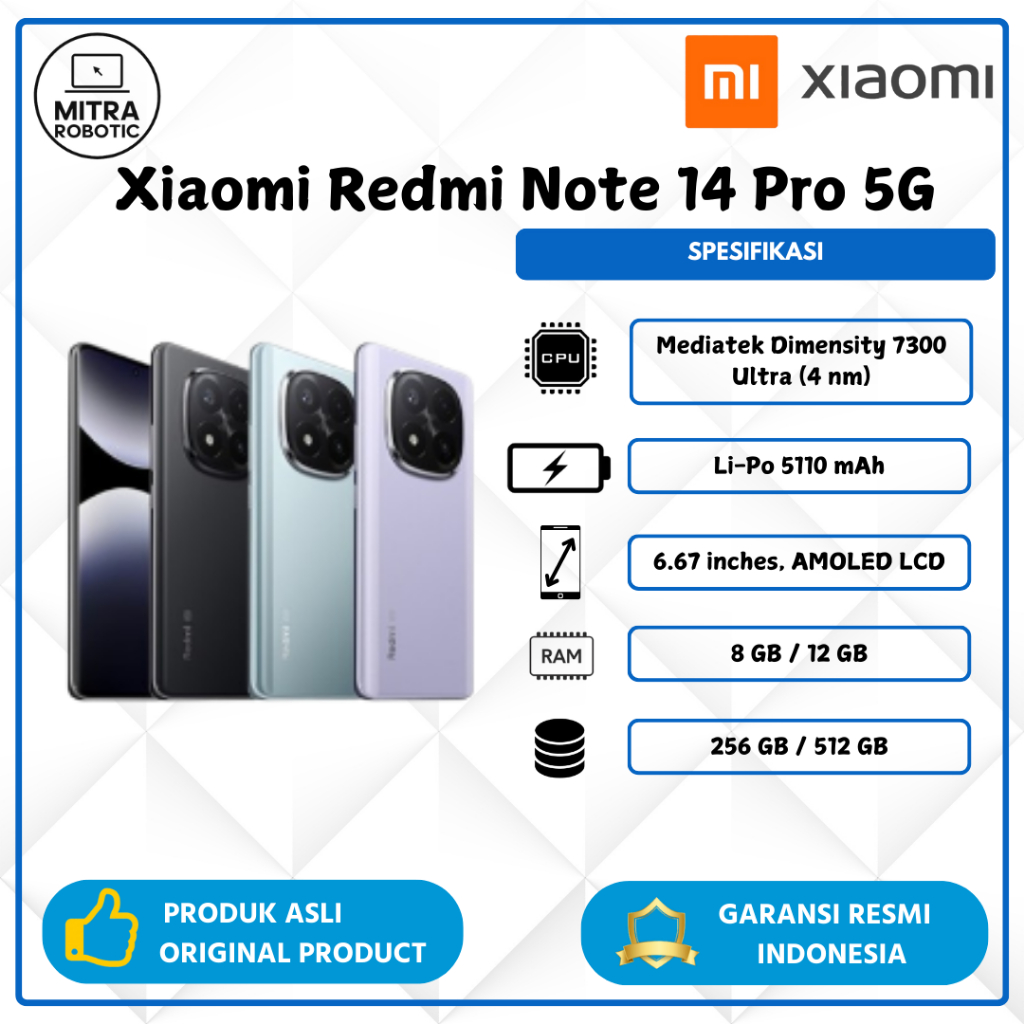 (READY STOK) Xiaomi Redmi Note 14 Pro 5G NFC Ram 12 / 512 GB AMOLED 120hz Dimensity 7300 Ultra Resmi