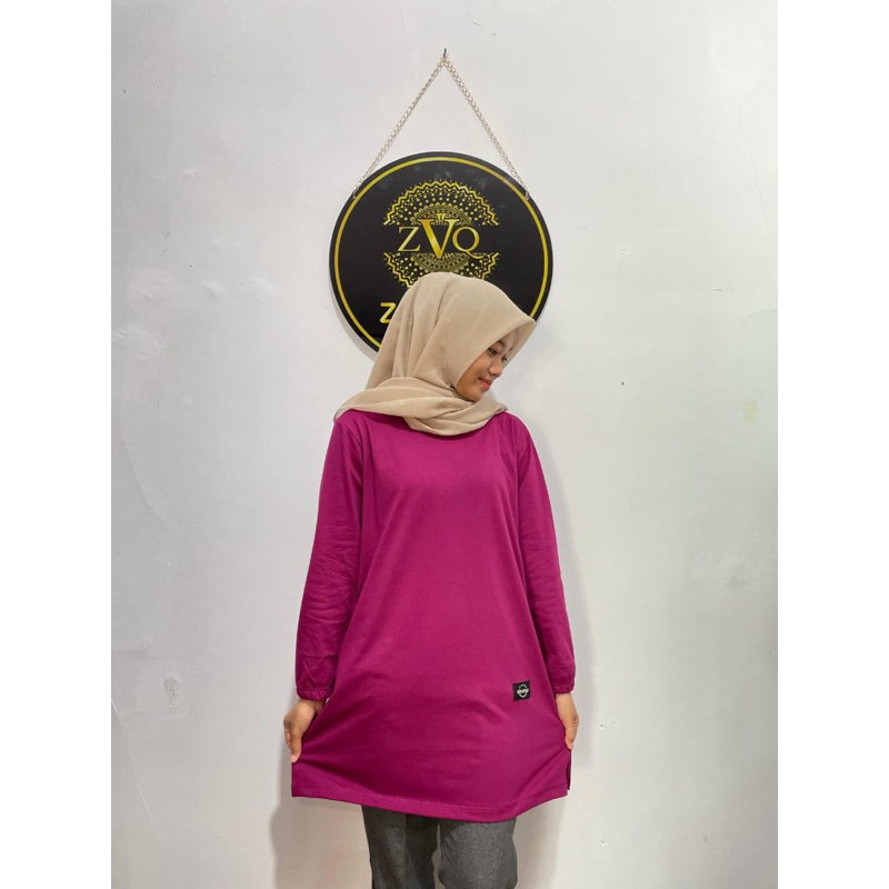 Baju atasan polos tunik wanita warna Raspberry / Pakaian polos atasan kaos tunik lengan panjang mode