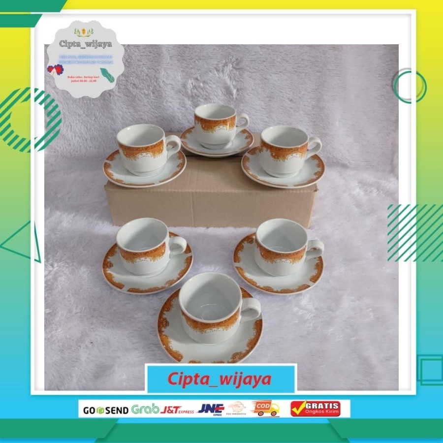 (6SET)LILIA Cangkir Set Keramik Motif Mahkota Gelas Cangkir Tatak Gagang Cup Saucer
