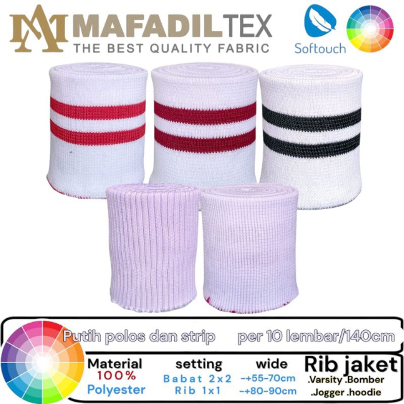 kain rib jaket warna dasar putih polos dan strip polyester premium