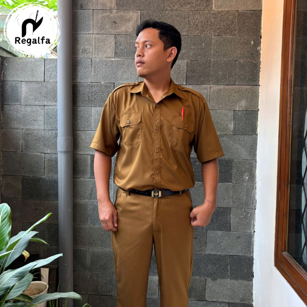 DISKON SPECIAL  Setelan Baju Seragam Khaki PDH Pemda Pria Resmi Model Lengan Pendek Bahan Katun