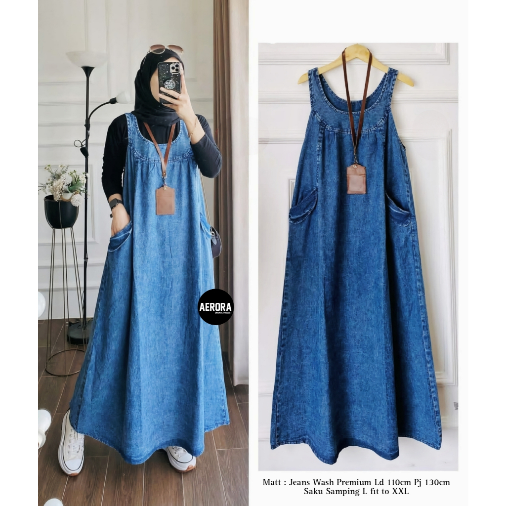 Kekinian Aerora Baju Kodok Overall Overal Dress Rok Panjang Jeans Wanita Korean Style Polosa Overall