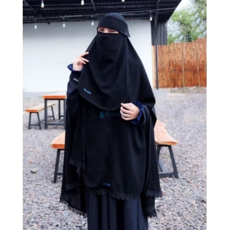 preloved khimar preloved alsyahra exclusive handsplit bisban dengan tepian renda alshams