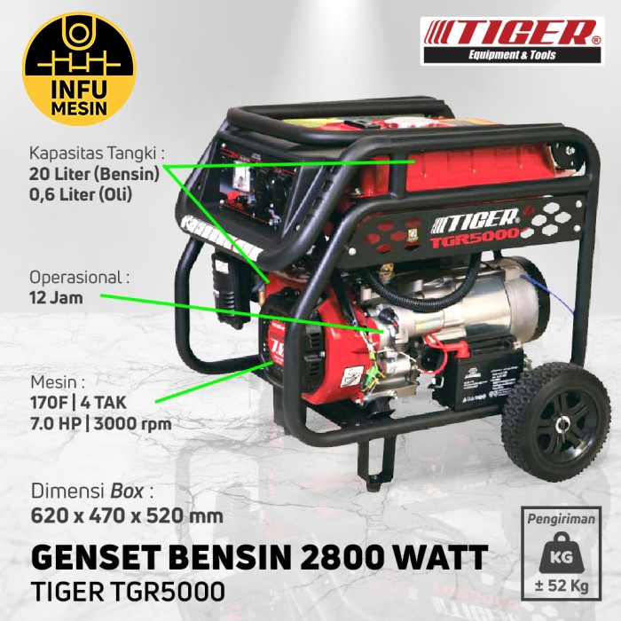 Genset 3000Watt Bensin Tiger TGR 5000 Starter Elektrik
