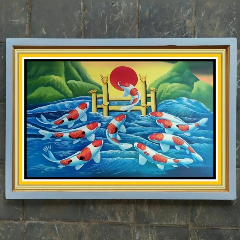 hiasan dinding lukisan cetak ikan koi dan gerbang naga aesthetic plus bingkai ukuran 100×70