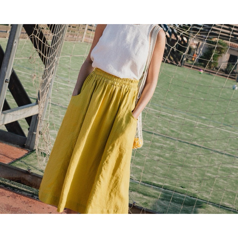 Rok Linen dengan Saku Linen Skirt with Pocket Rok Linen Linen Midi Skirt Rok Linen dengan Karet di P