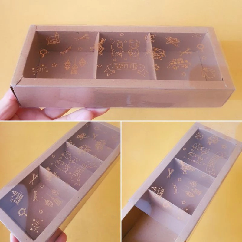 

( 5 Pcs ) Box Eegtart Lebaran Sekat 3 Kardus Mika Slide Free Tag Idul Fitri Ukuran 24x9x4 cm