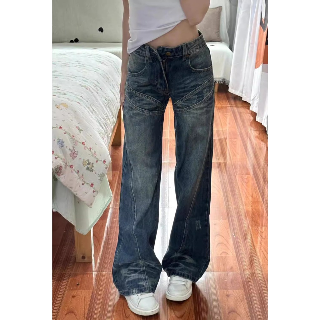 Korea Retro Celana Cutbray Jeans Wanita Highwaist Flare Jeans Biru retro Terbaru