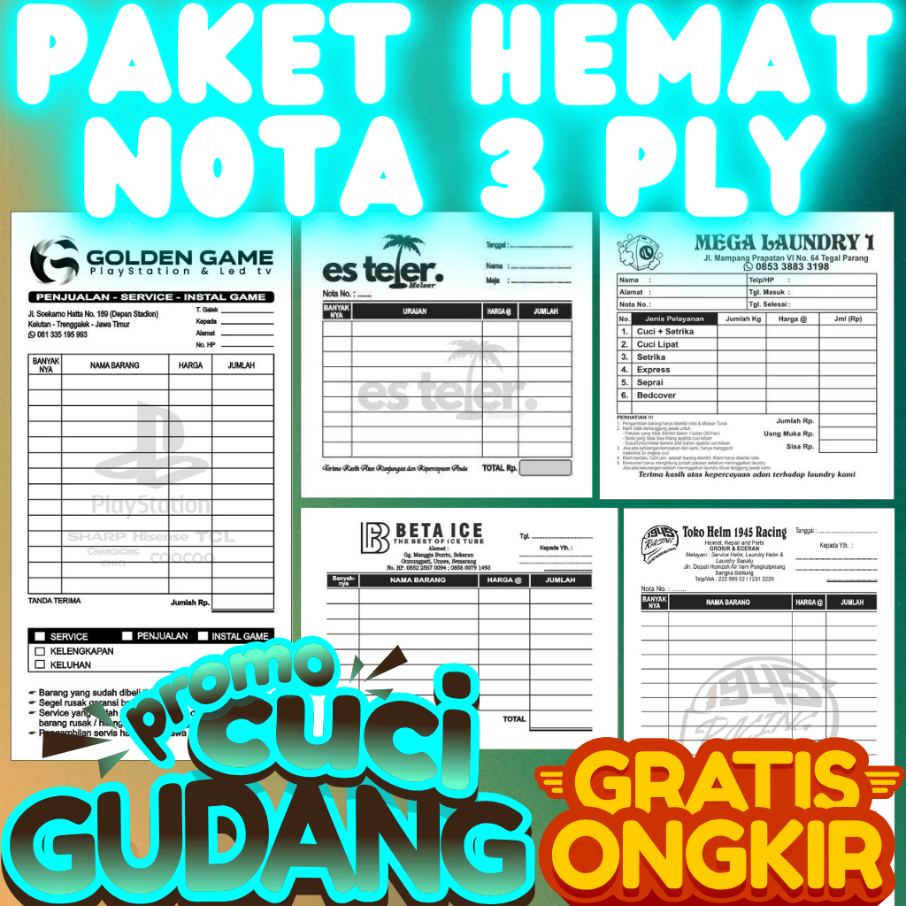 

Paket Hemat Nota Custom 3 Ply Gratis Desaign dan Logo Toko Isi 150 Lembar Per-Buku