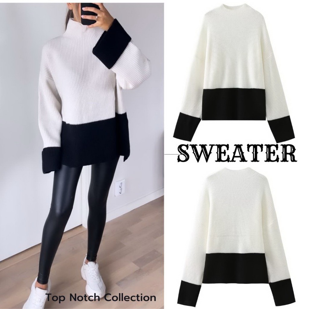 Sweater Hitam Putih Wanita Lengan Panjang White Black Knit Sweater 35906
