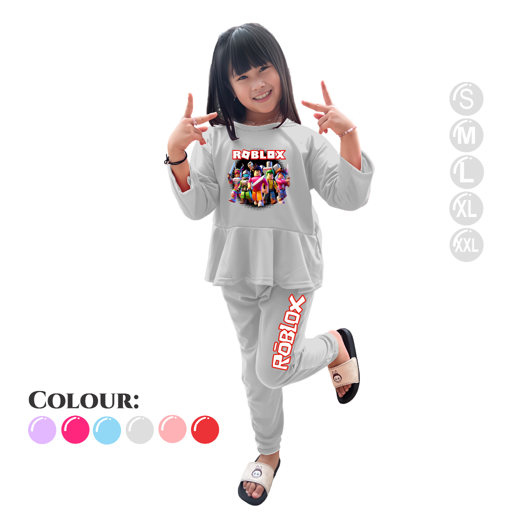 Baju Anak Perempuan - Setelan Kaos dan Celana Panjang Anak Motif Rumbai 4-15 Tahun - ROBLOX HERO Abu