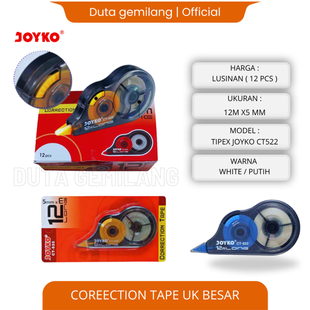 

TIP EX KERTAS JOYKO CT 522 / CORRECTION TAPE JOYKO / TIP EX ROLL / TIPEX KERTAS 12 METER JOYKO CT-522 / COD / DUTA GEMILANG