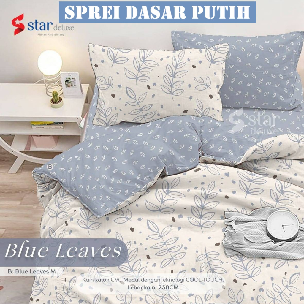 Sprei Anti Geser Katun Lokal Motif Bunga STAR Blue Leaves Putih (Sprei Dasar Putih)