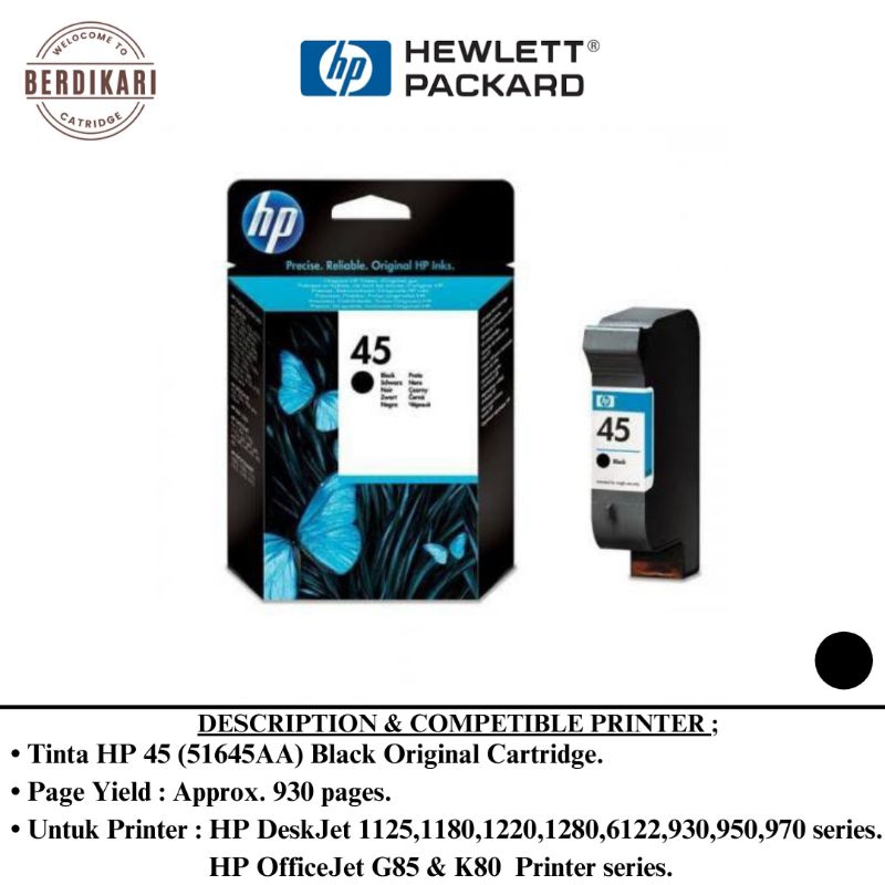 Tinta HP 45 ( 51645AA ) Black Original Cartridge for HP DeskJet 1125,1180,1220,1280,6122,930,950&970