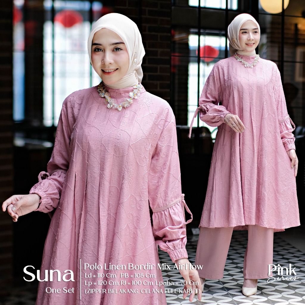 Setulus Signautre Suna One Set Wanita Muslim Polo Linen Mix Airflow Motif Polos One Set Baju Celana 