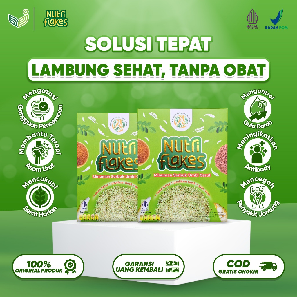 

PAKET 2 BOX NUTRIFLAKES - SEREAL UMBI GARUT DENGAN DAUN KELOR ATASI ASAM LAMBUNG