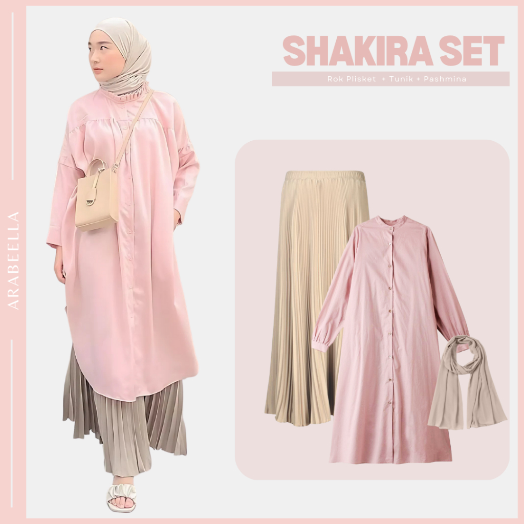 Setelan Wanita Shakira / Rok Plisket / Tunik Polos / Pashmina Jersey / Ootd Lebaran  Oneset Ramadhan