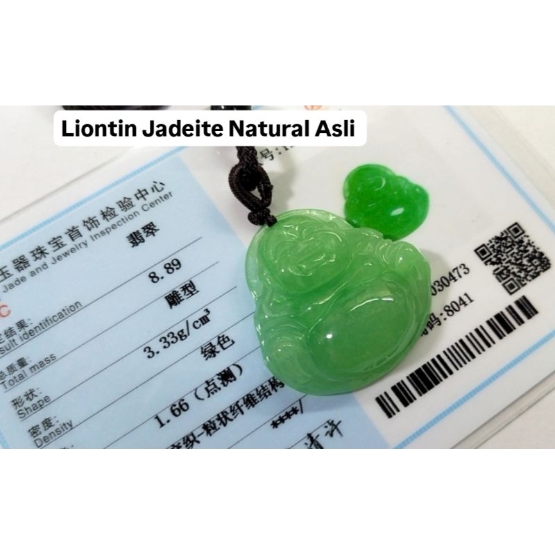 Giok Buddha Maitreya/ Happy Buddha Liontin Giok Asli Jadeite Hijau Bersertifikat 1231