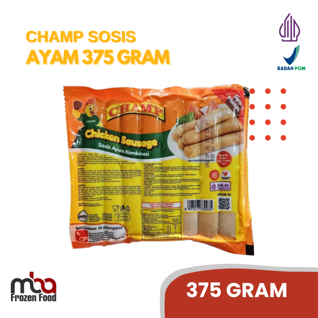 

Champ Sosis Ayam 375 Gr/ 15 pcs /Sosissapi /Sapi /Sosis /Daging /Kornet /Sate /Snack /Camilan /Dagingsapi /Dagingayam /Ayam /Frozen food