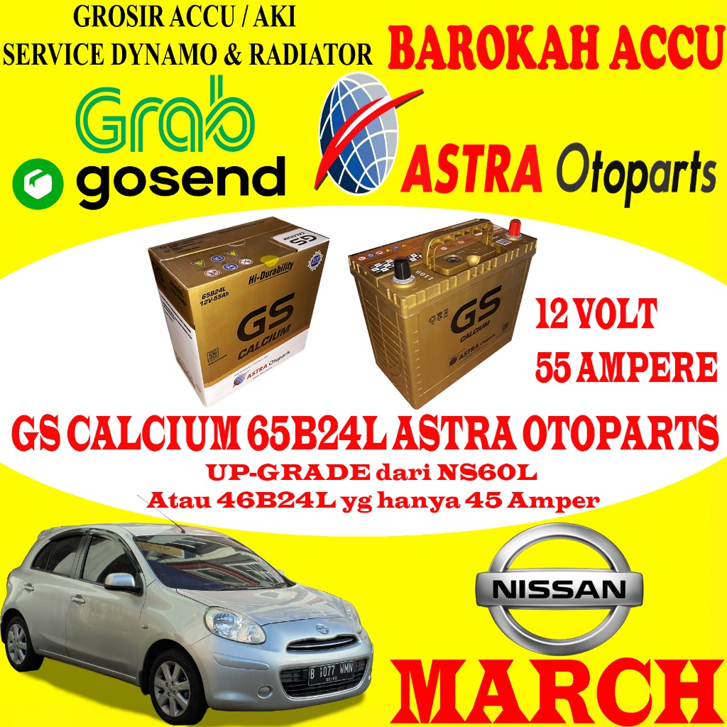 AKI MOBIL NISSAN MARCH GS CALCIUM 65B24L , 55 AH ASTRA OTOPARTS