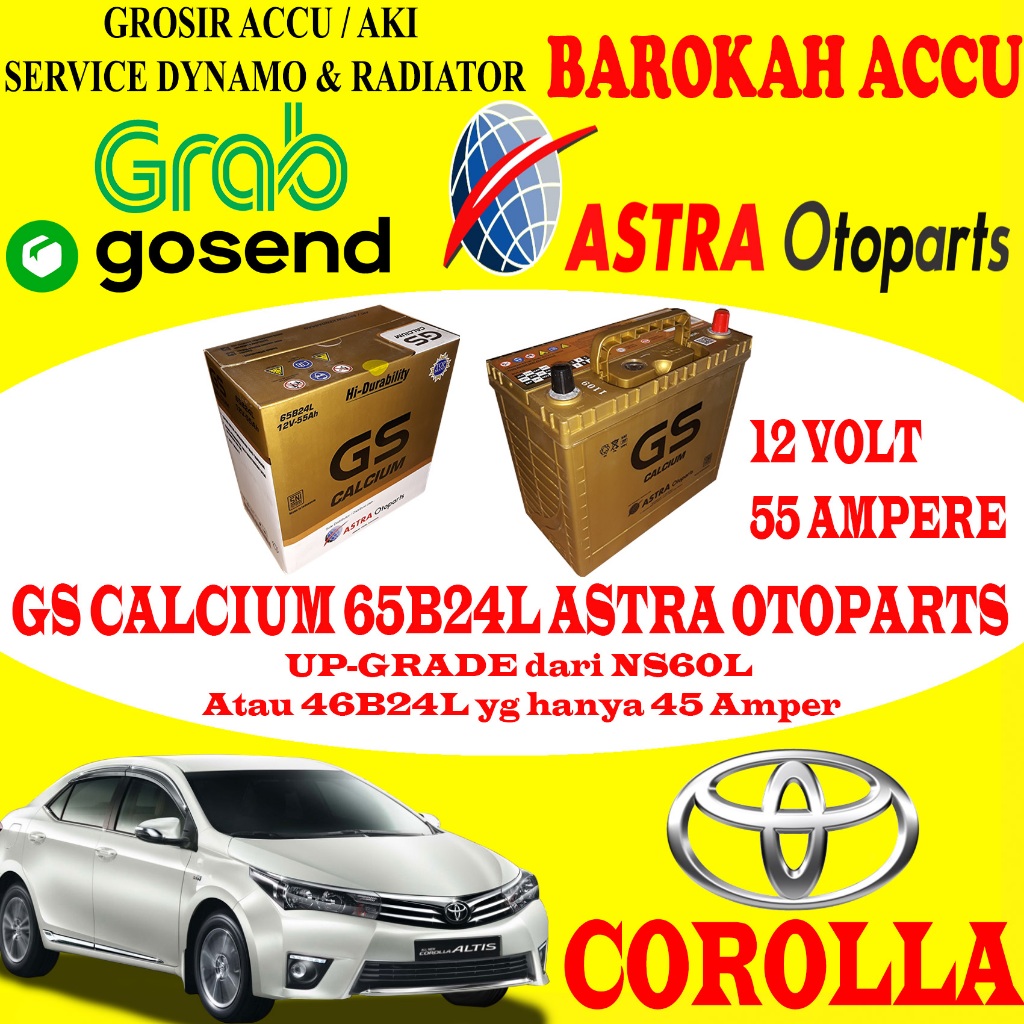 AKI MOBIL TOYOTA COROLLA GS CALCIUM 65B24L , 55 AH ASTRA OTOPARTS