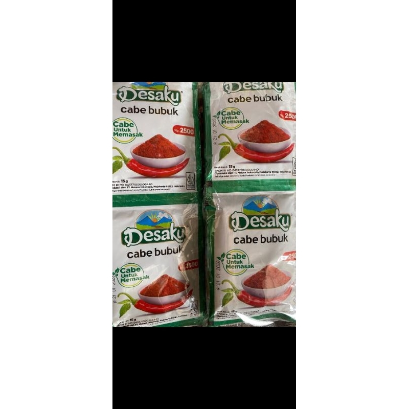 

Desaku cabe bubuk kemasaan 15gr 1renteng isi 10pcs/sachet.