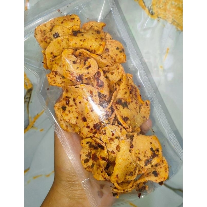 

Basreng Koin Pedas Gurih Renyah. ada irisan daun jeruk. 100 gram