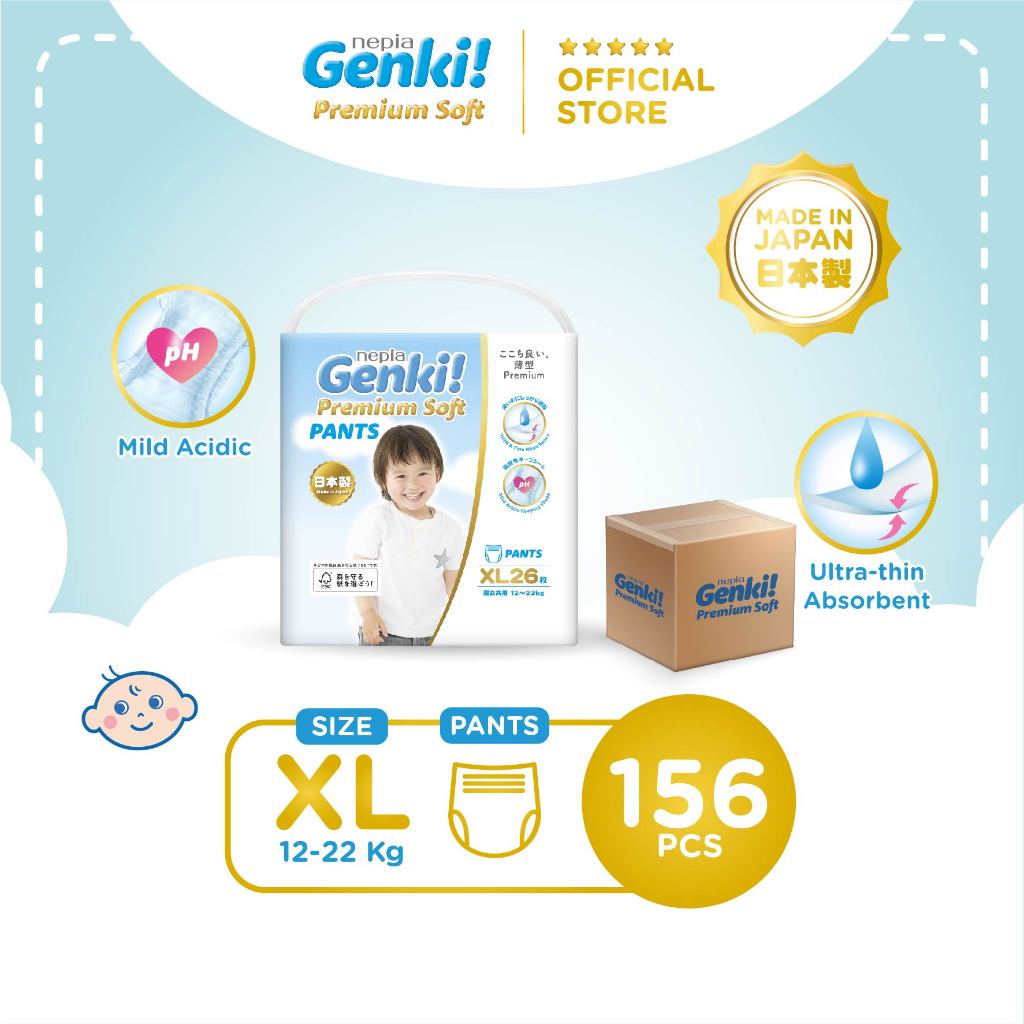 (6 Pack) Nepia Genki Popok Bayi Pants Popok Celana Bayi Diapers Premium Soft XL26
