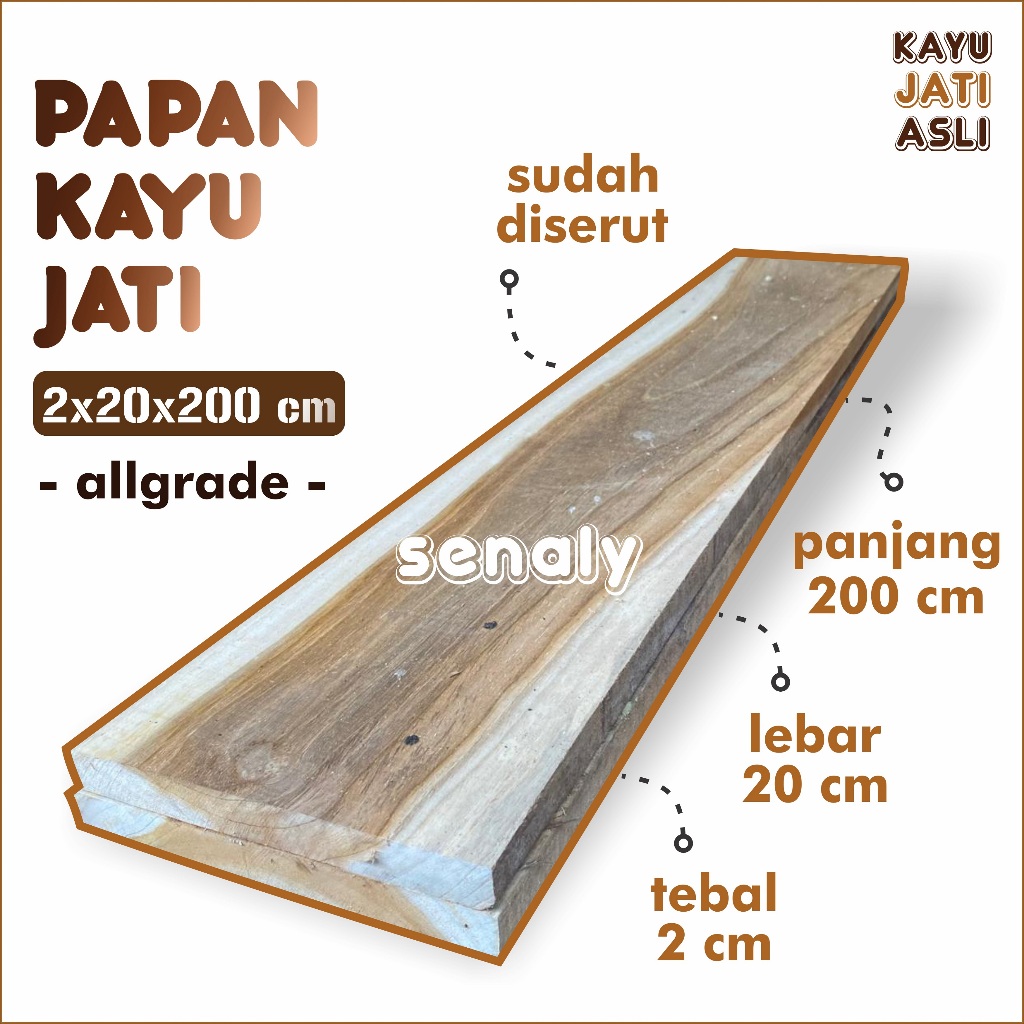 Papan Blabak Lebar Kayu Jati Asli Jawa Ukuran 2x20x200 cm Spek Allgrade Sudah Serut Planner - senaly