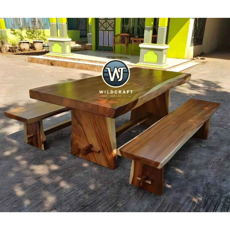 SET MEJA MAKAN 180x80CM 2 BANGKU KAYU TREMBESI SOLID FINISHING