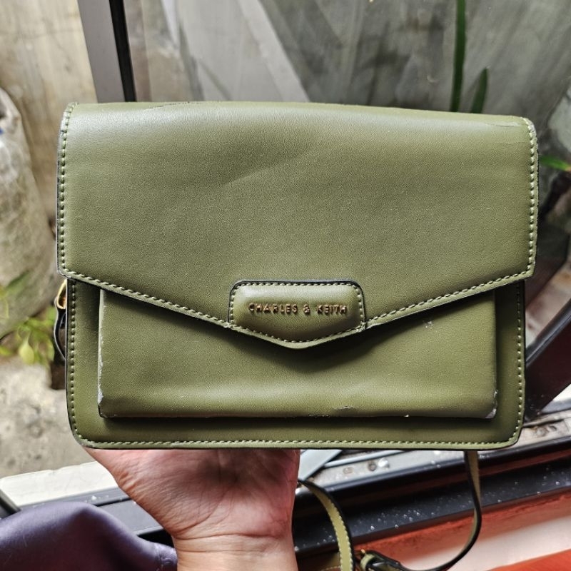 Charles And Keith Envelope Satchel Original Green Army [Preloved PL Second]