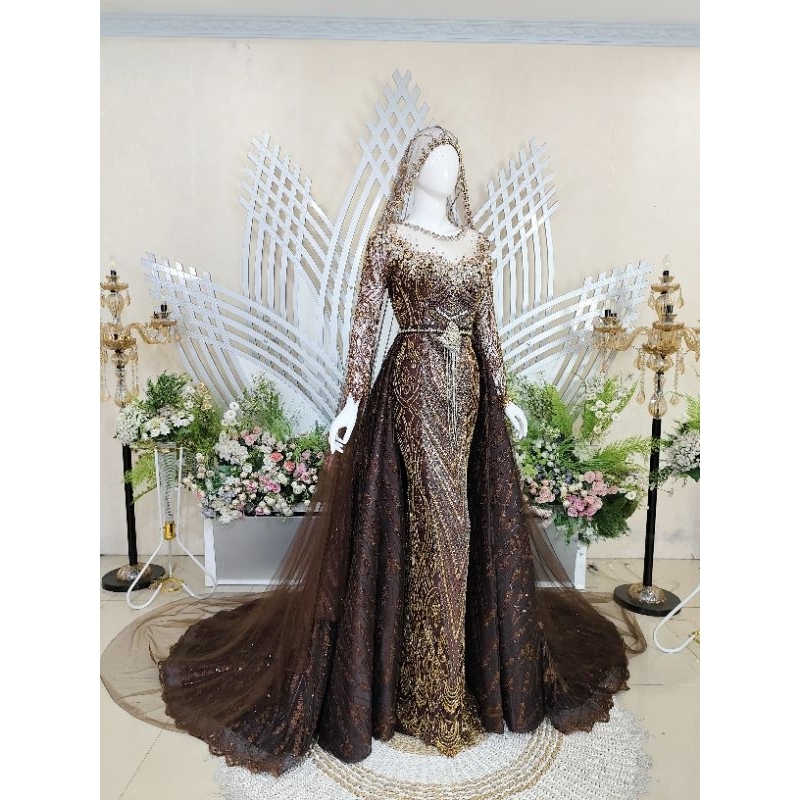 GAUN KEBAYA SLIM DRESS WEDDING/BAJU PENGANTIN MUSLIM BEREKOR/KEBAYA AKAD NIKAH MODERN/GAUN WEDDING