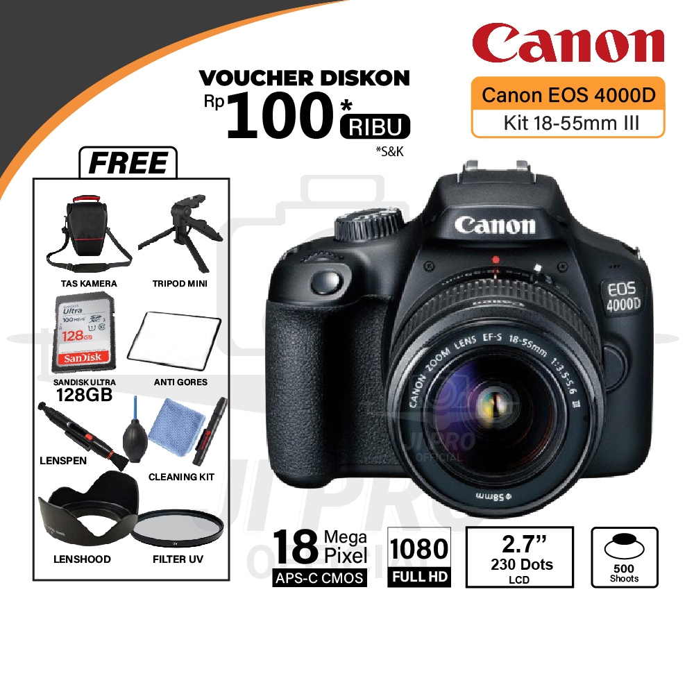 Canon EOS 4000D Body Only / Kit 18-55MM III Paket Bonus - Camera DSLR EOS 4000D kit 18-55MM IS II / 