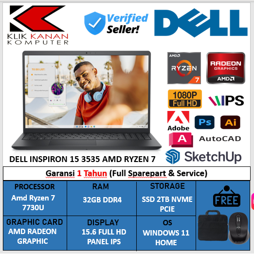 Laptop Gaming Dell Inspiron 15 3535 Amd Ryzen 7 7730u Ram 32gb Ssd 2TB Fhd Win11 Original Terlaris