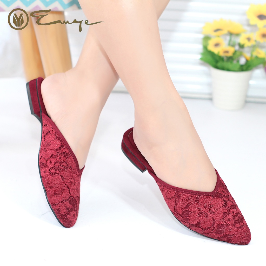 Emye -Sandal Slop Pengantin Kondangan Pesta Wedding Flat Wanita Brukat Brokat Tanpa Hak Mewah