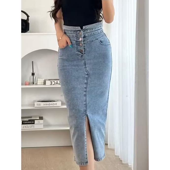 Lisa Lorin Button Skirt Rok Jeans Wanita Strech 4 kancing (Belah tengah)
