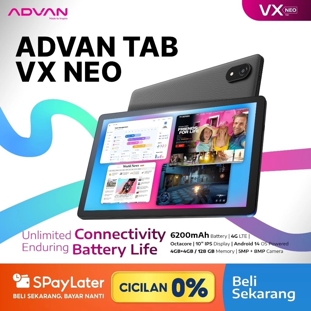 ADVAN TAB VX NEO (4GB+4GB/128GB) GRATIS KEYBOARD MOUSE BLUETOOTH DUAL SIM CARD 4G TABLET RAM 8GB/128