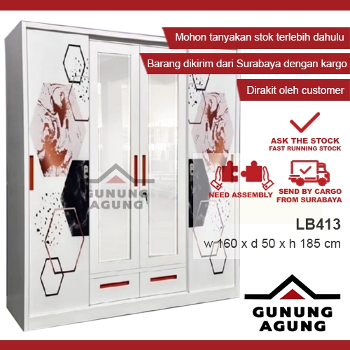 Lemari Baju Besi Cermin Sliding Swing LB-413 - Lemari Pakaian Besi 4 Pintu Jumbo 160