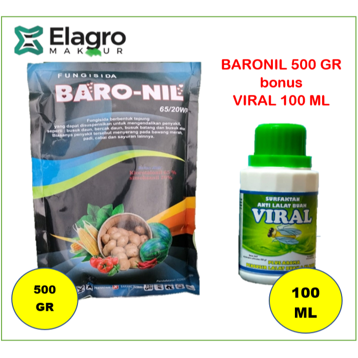 FUNGISIDA BARONIL 65/20 WP 500GR  bonus VIRAL 100 ML | Klorotalonil 65% dan Simoksanil 20%
