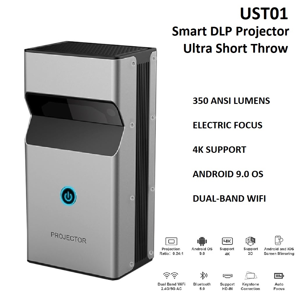 Ultra-Short Throw Projector UST01 - Smart Android 9.0 DLP Projector 350 ANSI Lumens