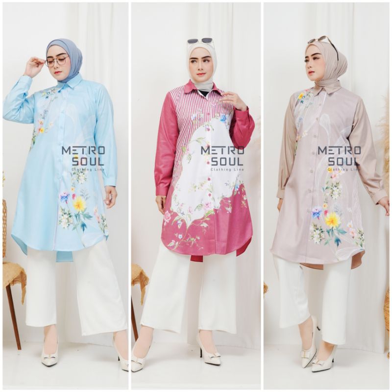 Metrosoul Tunik Kancing Sakura Geisha Kemeja Biru Pink Tosca Print Bunga Katun Impor