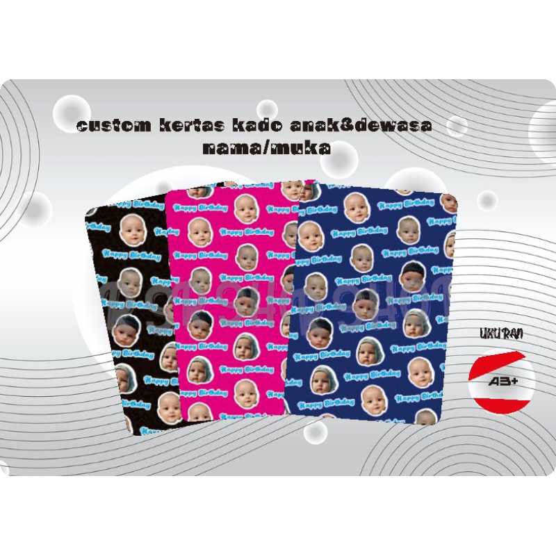 KERTAS KADO CUSTOM/KERTAS KADO CUSTOM MUKA/KERTAS KADO CUSTOM NAMA/KERTAS KADO CUSTOM MUKA DAN NAMA/