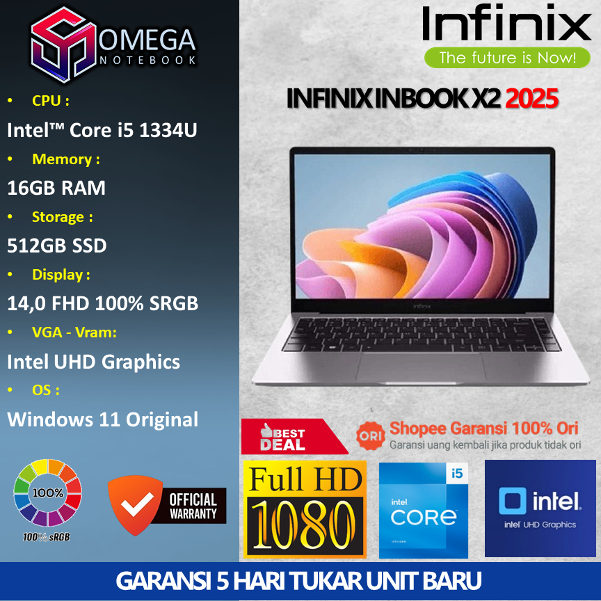 Laptop Infinix Inbook X2 2025 Core i5 1334U 16GB 512SSD 14.0 FHD SRGB100 Windows 11